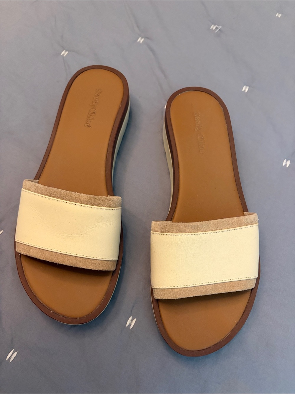 See By Chloé Cream Slide Sandals with Tan Footbed, 8.5